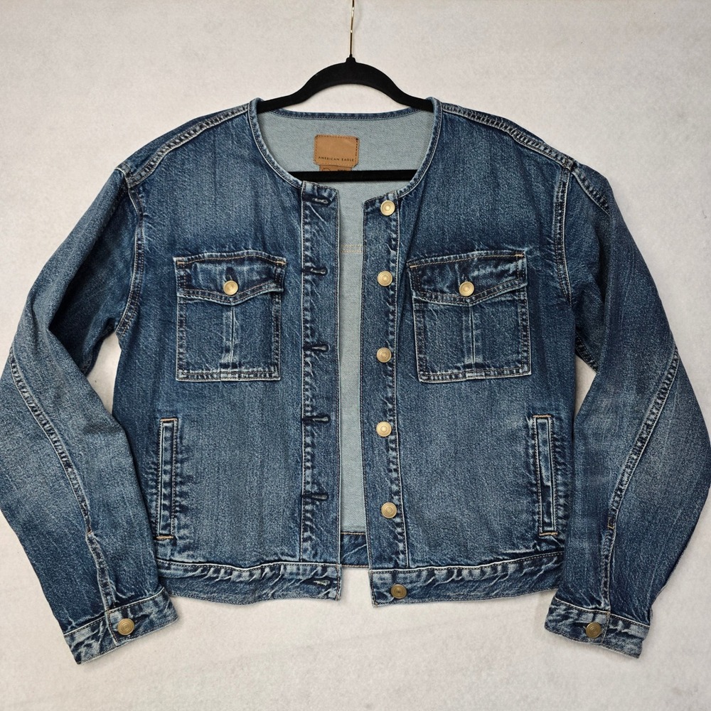 American Eagle Collarless Denim Jacket Medium Wash Button Front Blue Womens M